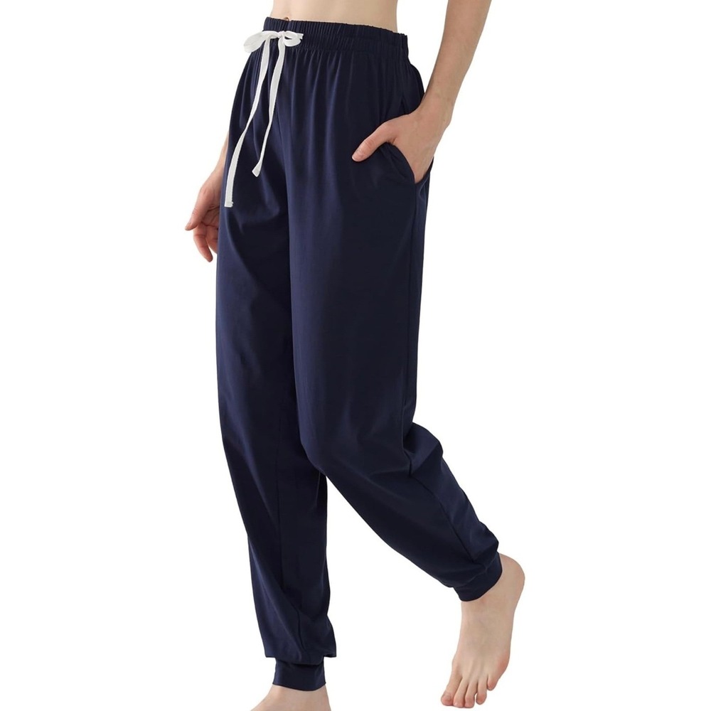Navy Blue Cotton Lounge Jogger Pajama Pants Womens Large Drawstring Pockets